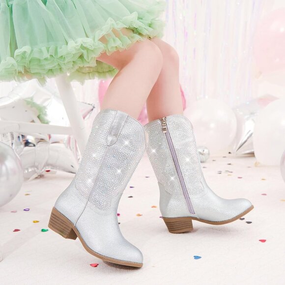 Rhinestone Kids Girls Silver  Cowgirl Boots Sparkly Dress Boot Pointed Toes - Picture 8 of 8